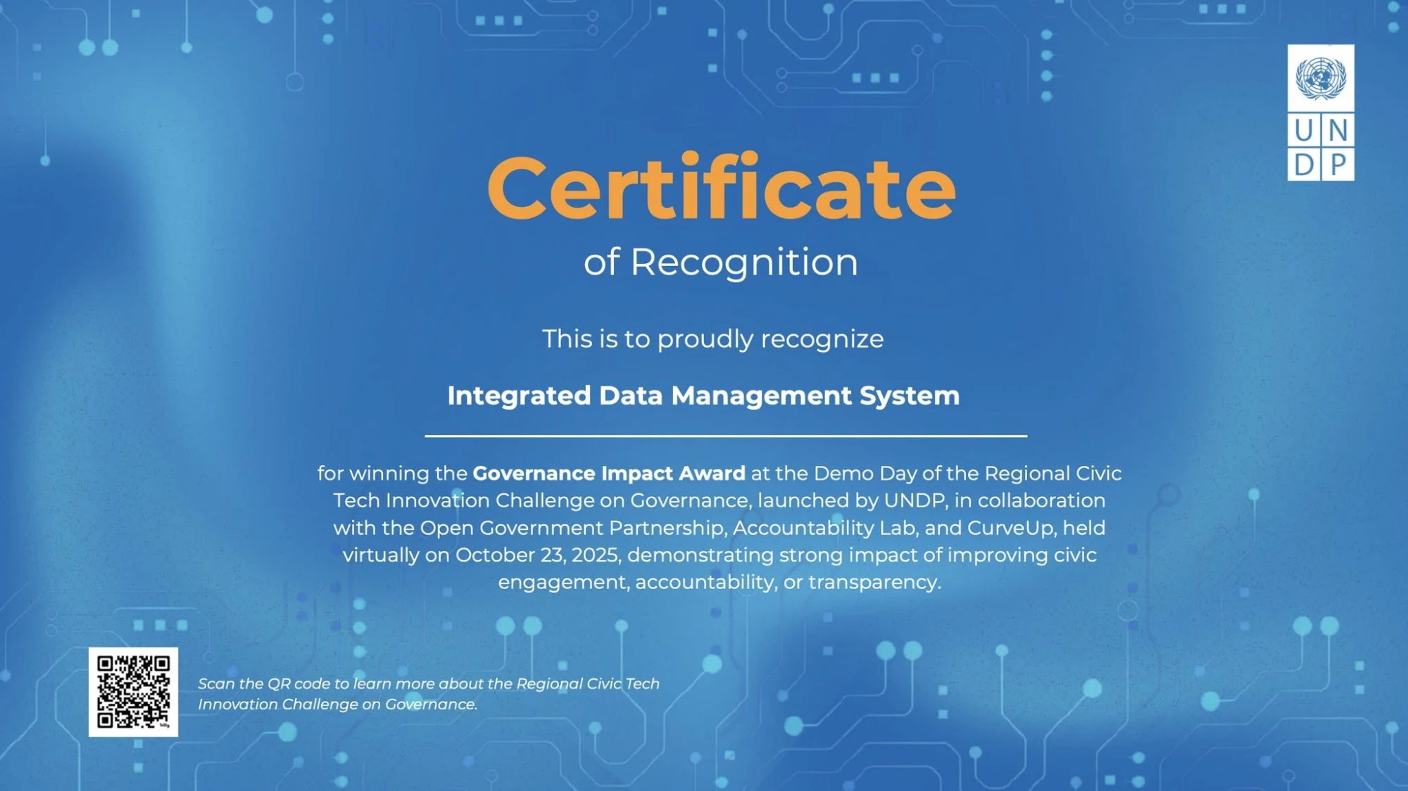 UNDP Governance Impact Award certificate